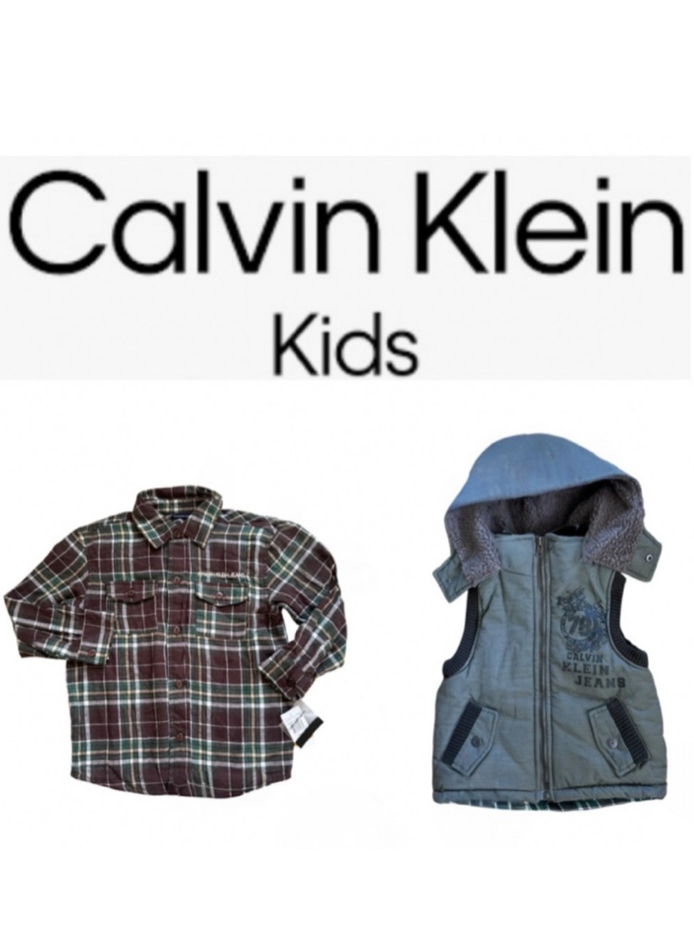 Calvin Klein Kids Boys Hooded Vest and Plaid Flannel Shirt Two Piece Set